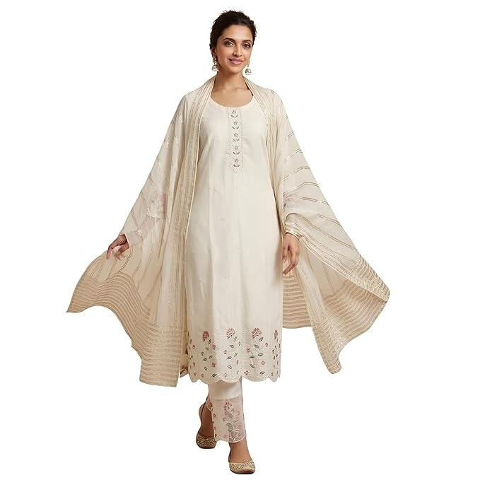 Women Pure Chanderi Kurta Pant Dupatta Set | White Embroidered Ethnic Suit Set for Women | Floral Embroidery Kurta with Mul Cotton Dupatta