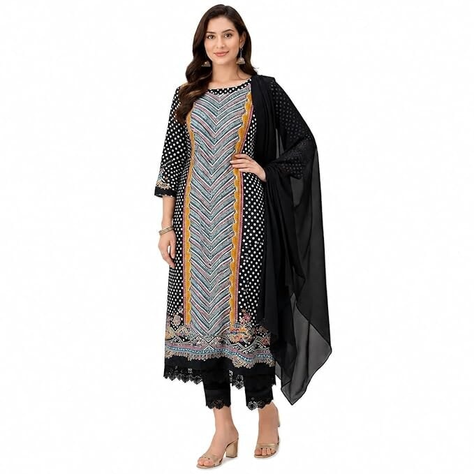 Women Rayon Kurta Set with Dupatta | Black Printed Straight Kurti | 3/4 Sleeve Ethnic Wear | Soft & Breathable Fabric | Available in M, L, XL