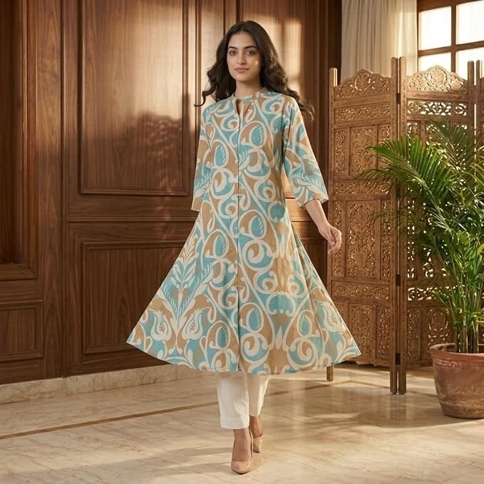 Women's Pure Khadi Cotton A-Line Printed Kurti | 3/4 Sleeves | Center Cut Design | Side Pocket | 44 Inch Long Ethnic Casual Office Kurta for Women