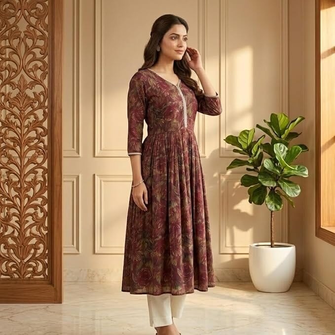 Women's Printed Kurti | Floral Foil Print Ethnic Kurti for Women | V Neck 3/4 Sleeve Calf Length Casual Office Wear Comfortable Traditional Kurti