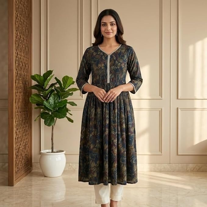 Women's Printed Kurti | Floral Foil Print Ethnic Kurti for Women | V Neck 3/4 Sleeve Calf Length Casual Office Wear Comfortable  black Traditional Kurti