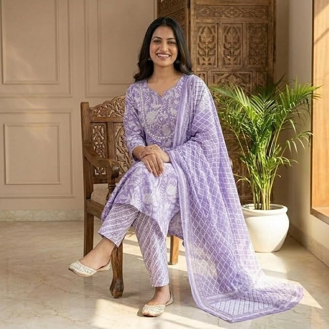 Women's Cotton Printed Kurta Pant Dupatta Set | Floral Printed Straight Kurta with Matching Pants & Dupatta | Ethnic Suit Set for Women | Casual, Office & Daily Wear