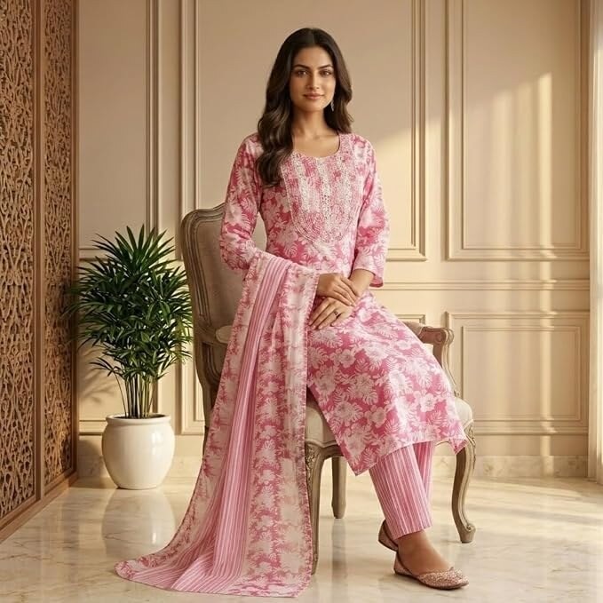 Women's Cotton Printed Kurta Pant Dupatta Set | Floral Printed Straight pink  Kurta with Matching Pants & Dupatta | Ethnic Suit Set for Women | Casual, Office & Daily Wear