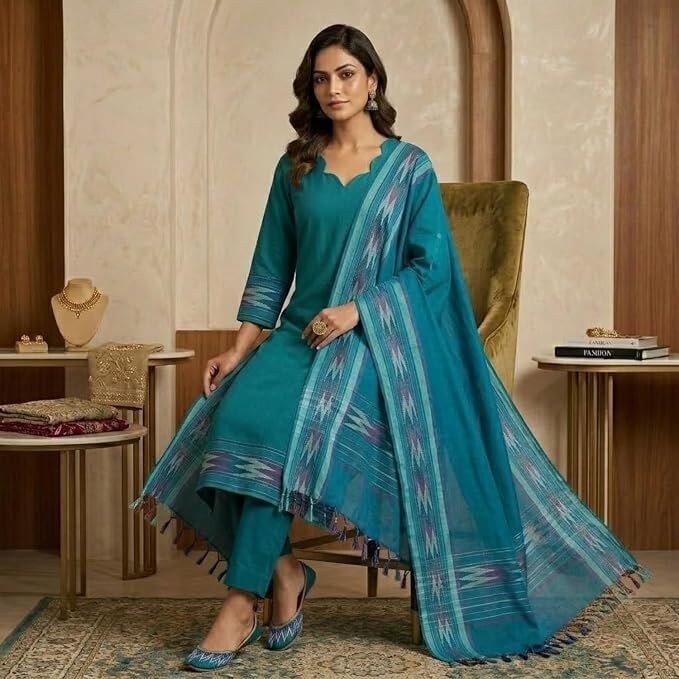Pure Handloom South Cotton Kurta Pant Dupatta Set for Women | 3 Piece Ethnic Suit Set with Lining & Pocket | Soft Breathable Cotton Salwar Suit