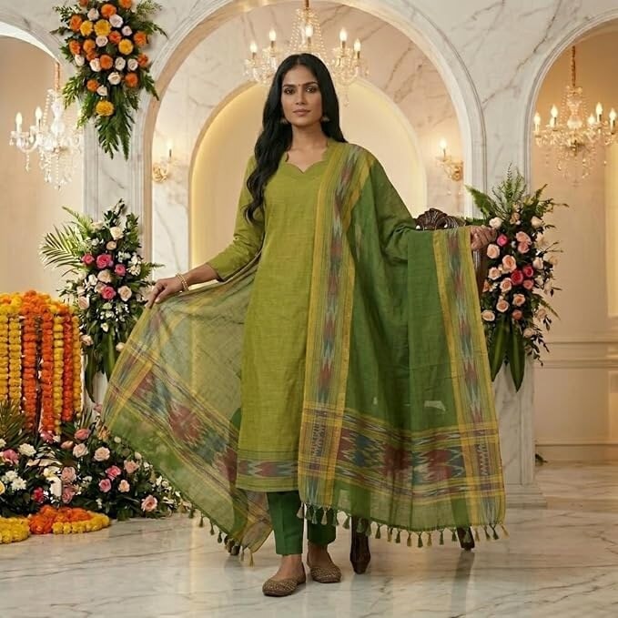Pure Handloom South Cotton Kurta Pant Dupatta  green Set for Women | 3 Piece Ethnic Suit Set with Lining & Pocket | Soft Breathable Cotton Salwar Suit