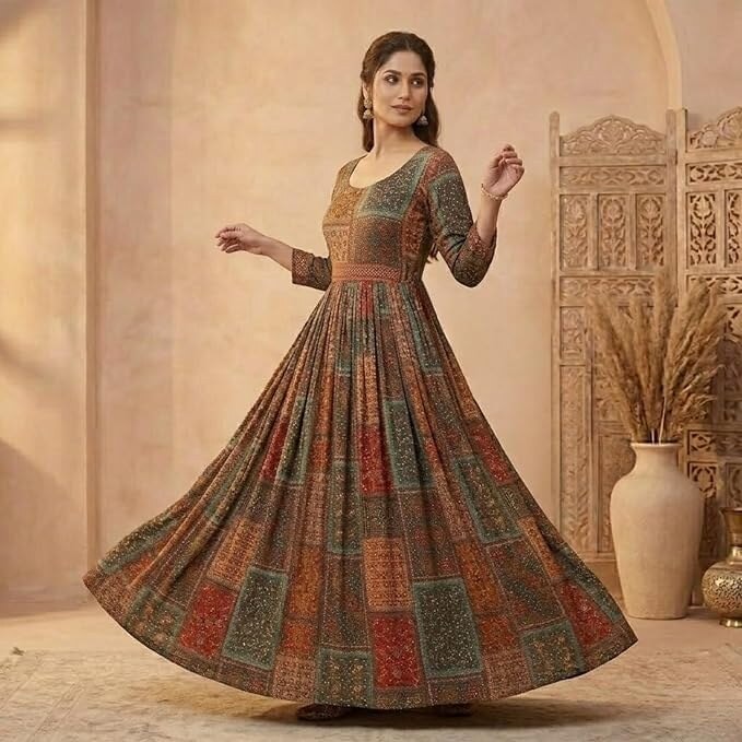 Women Rayon Printed Anarkali Gown for Women | Long Flared Kurti Dress with Handwork | Ethnic Frock Dress | Traditional Maxi Anarkali Dress for Women & Girls