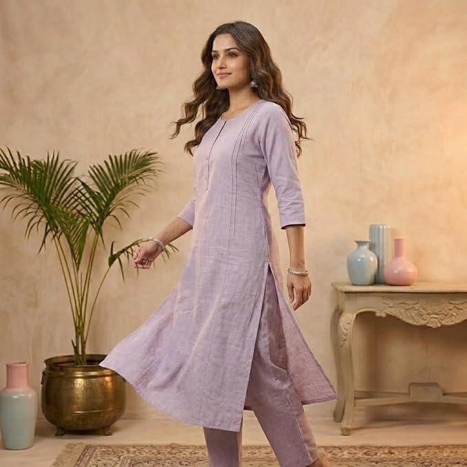Women’s Straight Cut Vertican Kurti – Casual, 3/4 Sleeve, Light Purple, Comfortable Ethnic Tunic Top, Sizes S-XL