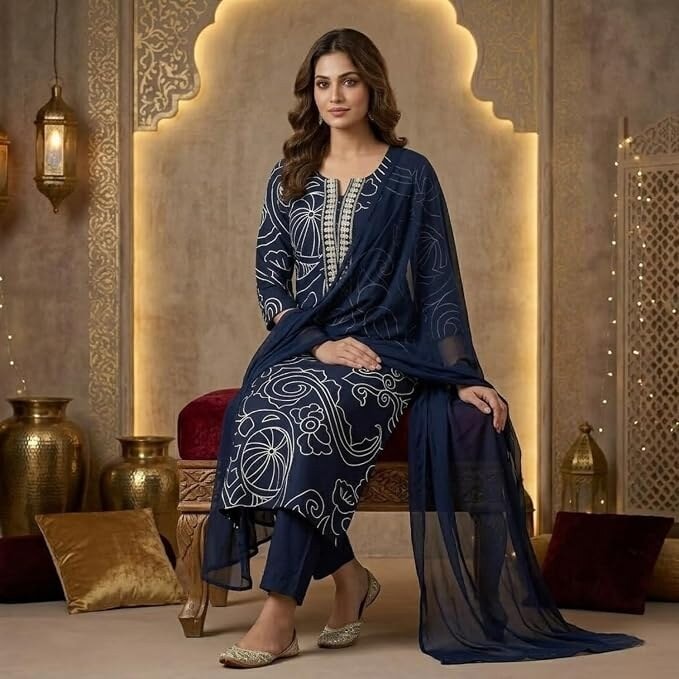 Women’s Rayon 3-Piece Ethnic Set – Stylish Printed Kurti with Matching Dupatta & Pants, Casual & Office Wear, Sizes S to L