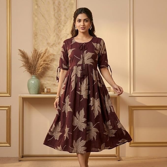 Women’s Vertican Frock Dress | 3/4 Sleeve Flared Ethnic Tunic Kurti | Casual Long Dress for Ladies | S to L