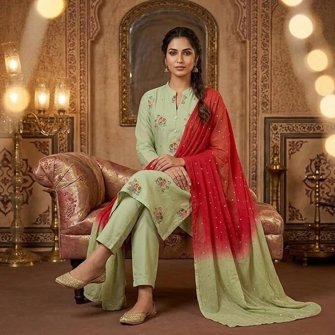 Malchanderi 3-Piece Set for Women – Embroidered Top with Inner Lining, Churidar Pant & Dupatta, Ethnic Festive & Casual Wear, Sizes M/L/XL