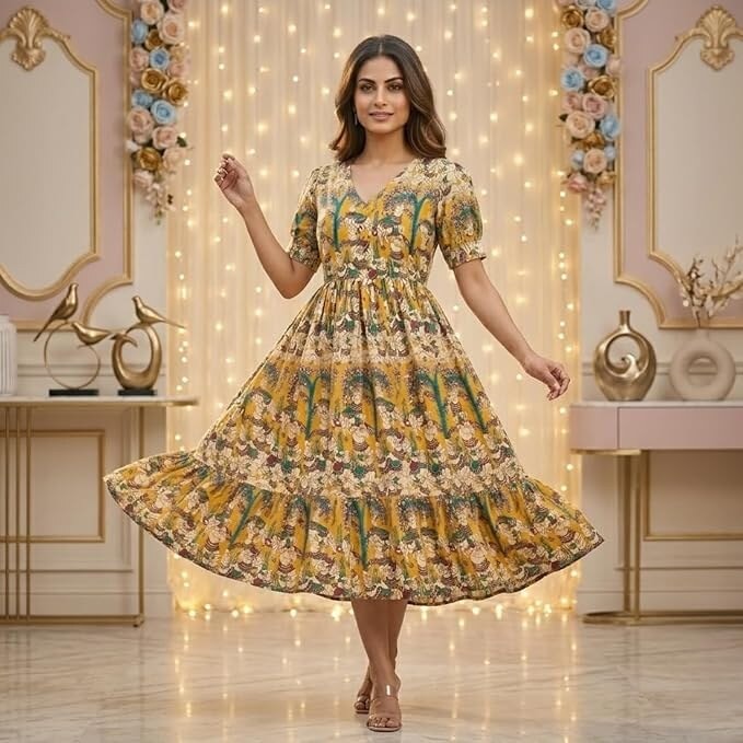 Women Cotton Kalamkari Printed Midi Frock Dress with Inner Lining | V Neck Puff Sleeve Flared Casual Ethnic Dress for Women & Girls (M-XXL)
