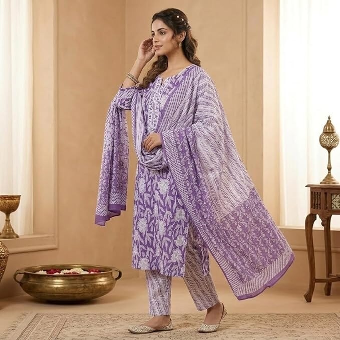 Women Pure Cotton Printed Kurta Pant Dupatta Set | Ethnic Floral Straight Suit Set for Women | Traditional Casual Wear Dress Material Style