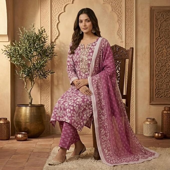 Women Pure Cotton Printed Kurta Pant Dupatta Set | Ethnic Floral Straight pink  Suit Set for Women | Traditional Casual Wear Dress Material Style