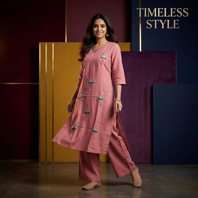 Women’s Embroidered Kurta Palazzo Set | Vertican Fabric Ethnic Co-Ord Set for Women | Peacock Embroidery Kurti with Palazzo Pants | Festive, Casual & Office Wear
