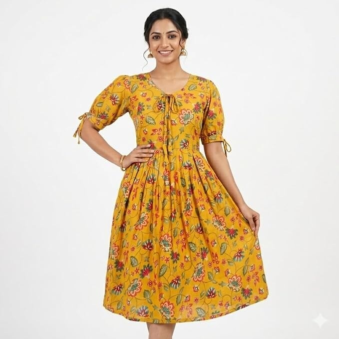 Women’s Vertican Foil Print Frock Dress | Floral Printed Knee Length One Piece Dress for Women | Puff Sleeves with Knot | Casual Western Dress for Girls & Women