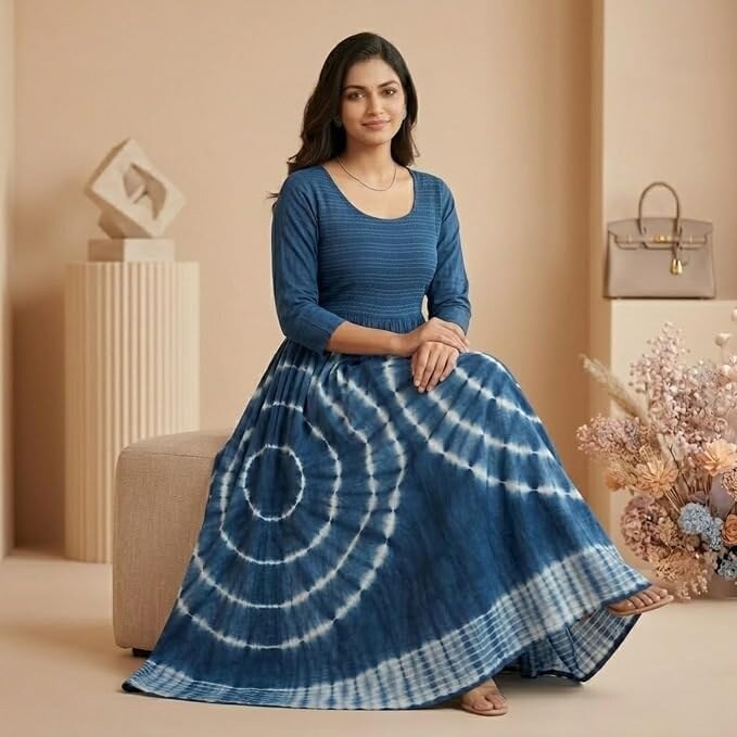 Women Pure Rayon Tie & Dye Stretchable Midi Dress | Soft & Breathable Fabric | 3/4 Sleeve A-Line Casual, Daily & Summer Wear Frock