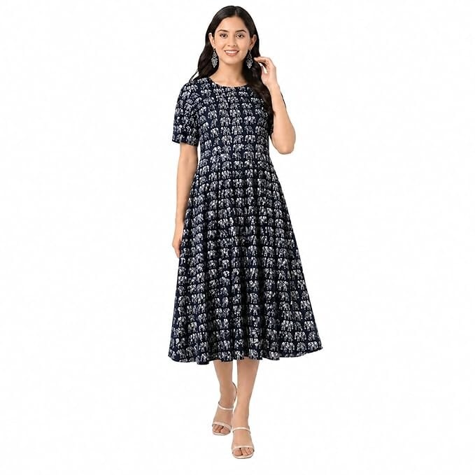 Women’s Frock Dress | Soft and Breathable Cotton Kalamkari Print | Casual Knee-Length Dress with Inner Lining | Breathable Cotton Fabric | Short Sleeve | Sizes S–XL | Black