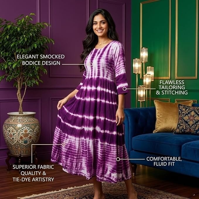 Women Pure Rayon Tie & Dye Stretchable Midi Dress | Soft & Breathable Fabric purple | 3/4 Sleeve A-Line Casual, Daily & Summer Wear Frock