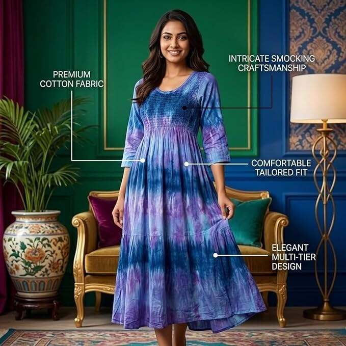 Women Pure Rayon Tie & Dye Stretchable Midi Dress | Soft & Breathable blue Fabric | 3/4 Sleeve A-Line Casual, Daily & Summer Wear Frock