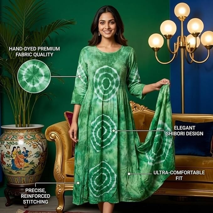 Women Pure Rayon Tie & Dye Stretchable Midi Dress | Soft & Breathable  green Fabric | 3/4 Sleeve A-Line Casual, Daily & Summer Wear Frock