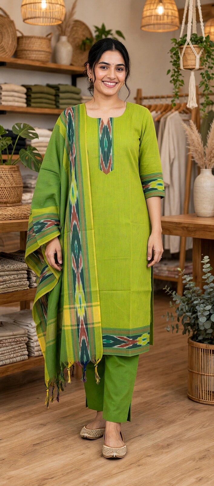 Mangalagiri Cotton- Parrotgreen with multicolour Ikkath- 3 Pc set